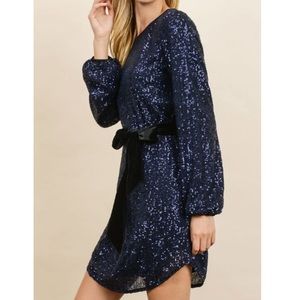 Navy Long Sleeve Sequin Dress with Velvet Belt